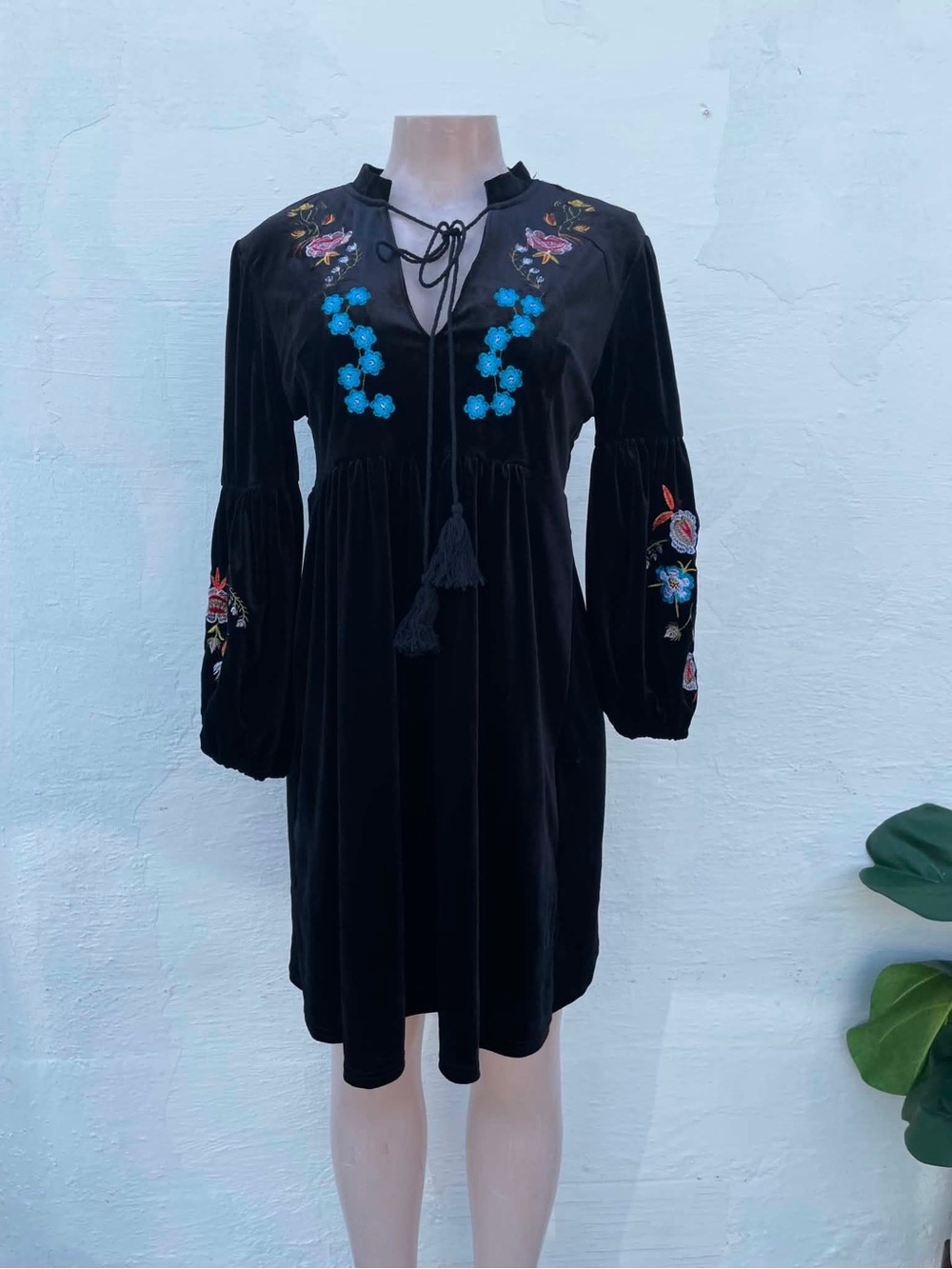 Black Velvet Embroidered Boho Dress with Tassel Tie